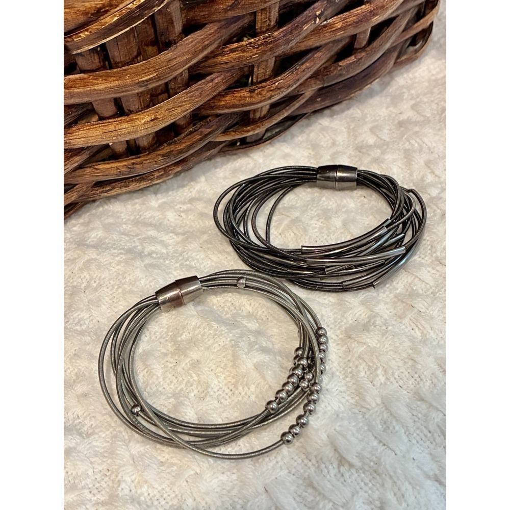 2 Multi Strand Magnetic Bracelets Silver & Gunmetal Tone Modern Fashion Jewelry